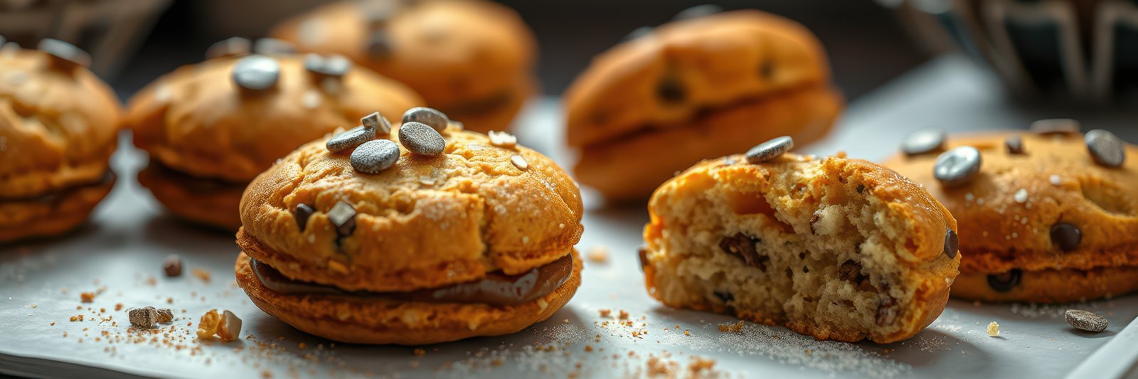 Freshly baked cookies with chocolate chips arranged on a tray ready to be enjoyed in a cozy kitchen setting